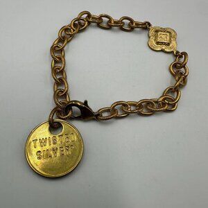 Twisted Silver Brand Bracelet Gold Tone Chain Link Medallion Charm 7.5 Inch